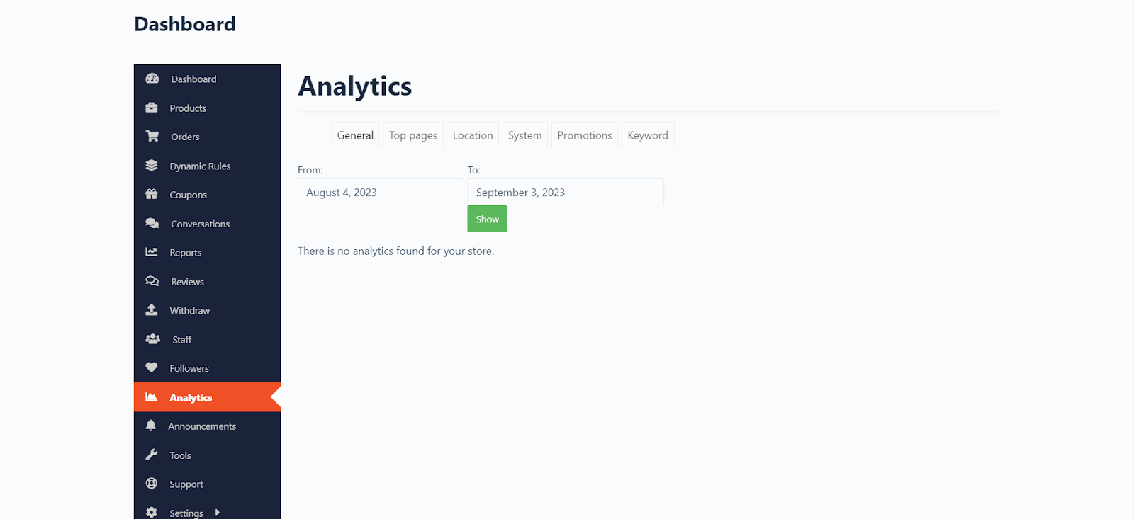 Tangkapan layar analisis dan pelaporan vendor untuk multivendor Dokan