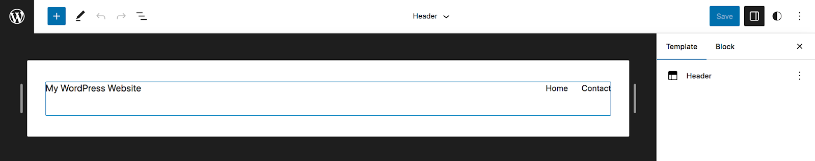 Ahora puedes editar esto usando bloques. En este ejemplo, el encabezado tiene un bloque de título del sitio y un bloque de navegación.