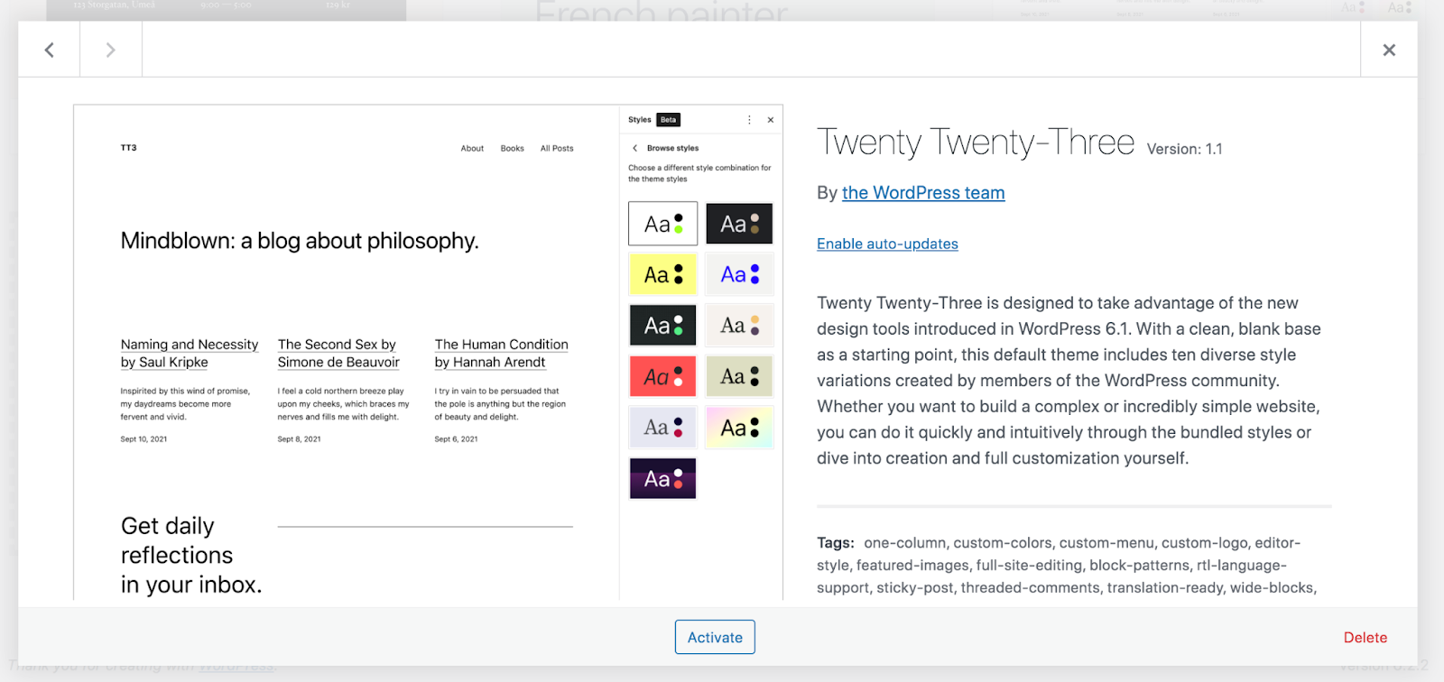 Тема WordPress Twenty Twenty-Three. Нажмите, чтобы активировать.