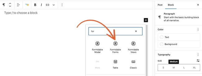 Utilisez le bloc Formidable pour insérer un formulaire dans une page ou une publication WordPress.