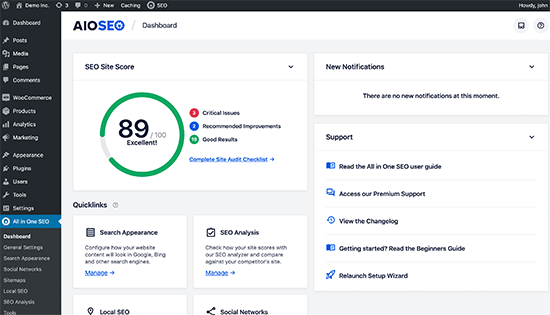 El panel de configuración de AIOSEO