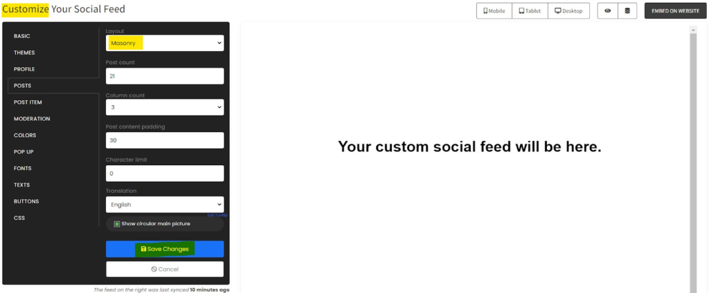 Configuración personalizada de feeds sociales en SociableKIT