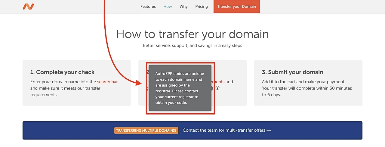 Explicación del código de autorización de transferencia de nombre de dominio en el sitio web de Namecheap.