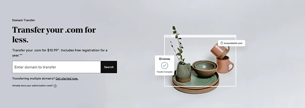 Pagina di trasferimento del nome di dominio sul sito Web di GoDaddy.