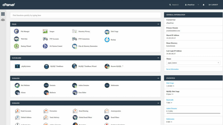 Tangkapan layar cPanel, menampilkan beberapa fungsi yang dapat Anda lakukan di situs atau server Anda.