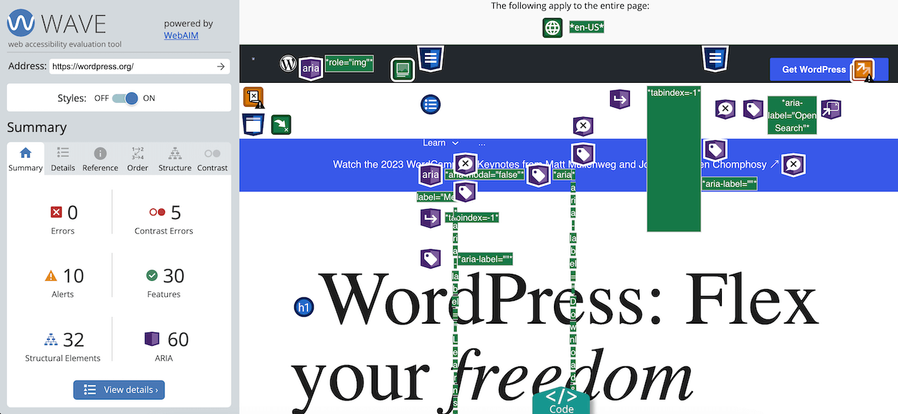 Résultat du test WAVE de WordPress.org