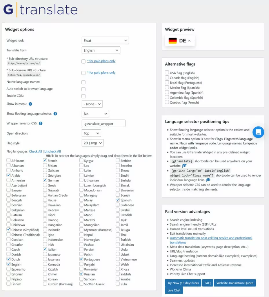 gtranslate yapılandırma seçenekleri