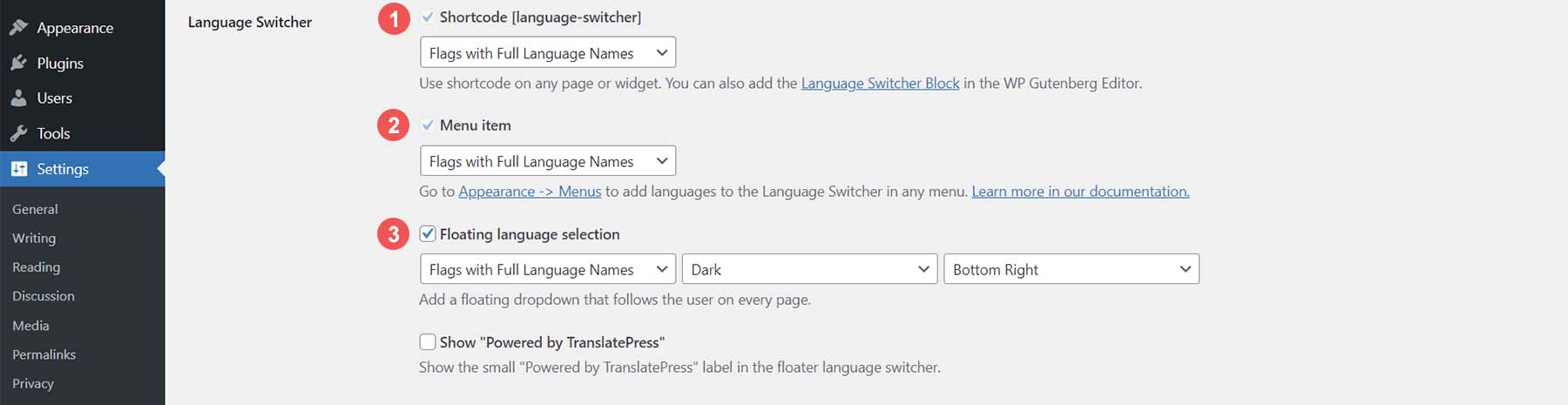 Opțiunile de comutare de limbi ale TranslatePress