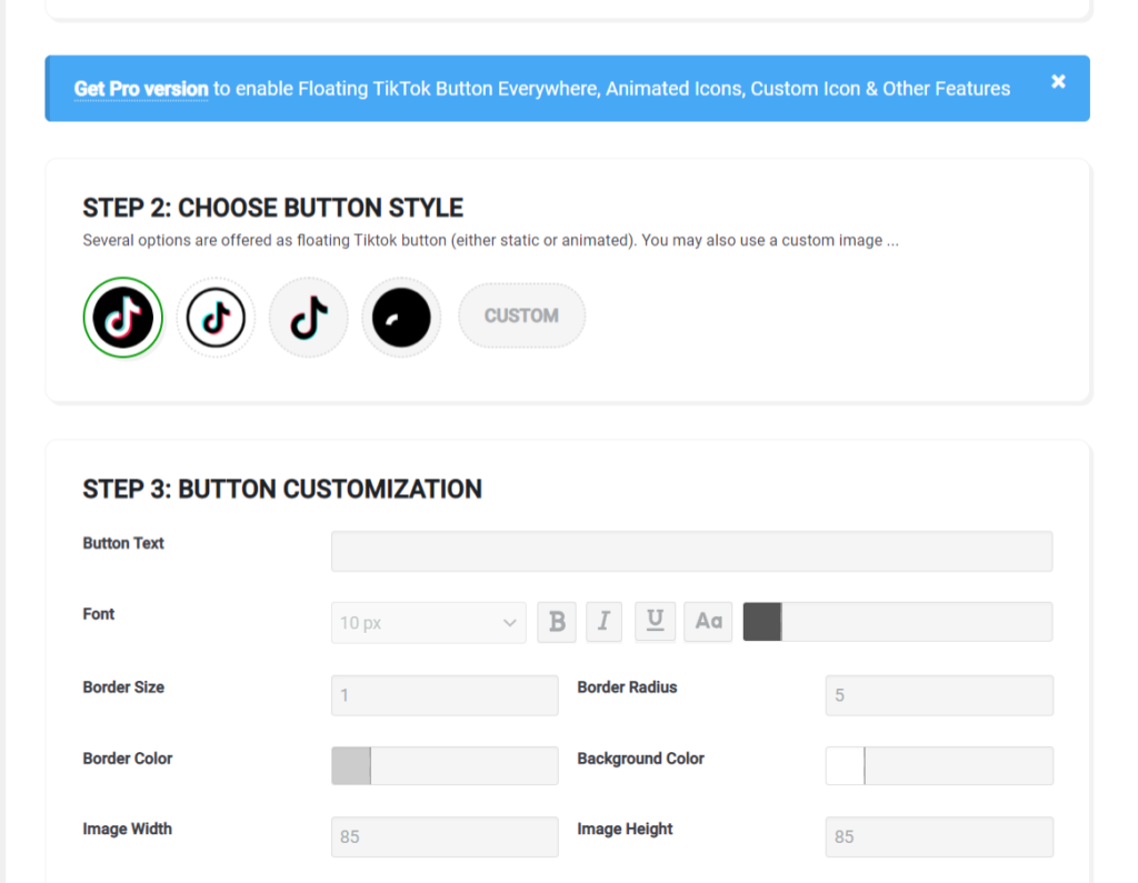 WordPress 浮动 TikTok 按钮插件中可用的设置