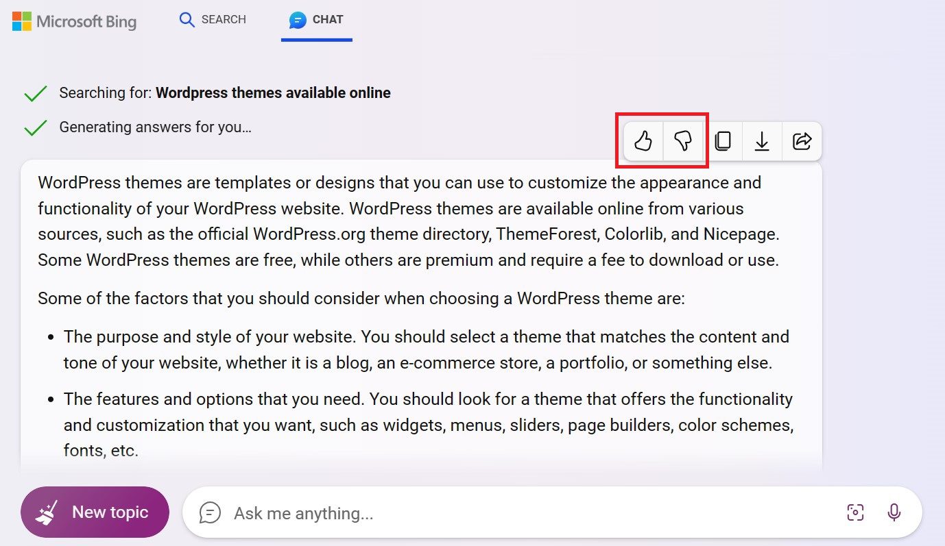 زر تعليقات Bing AI