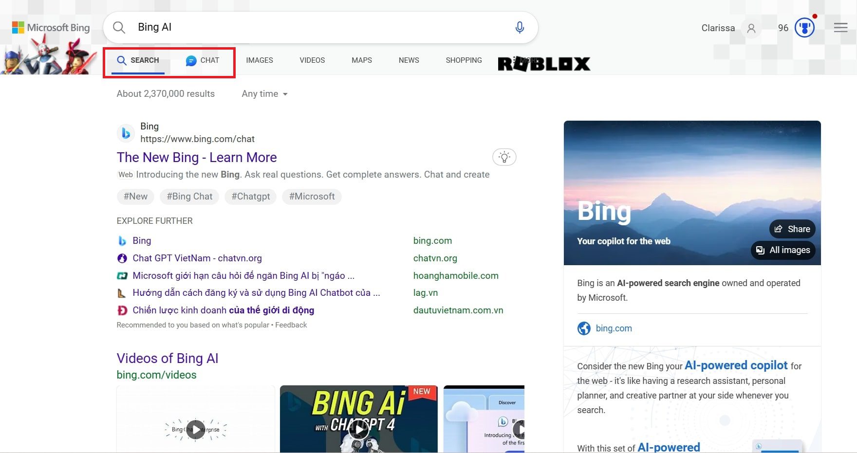 Bing integrat în Edge