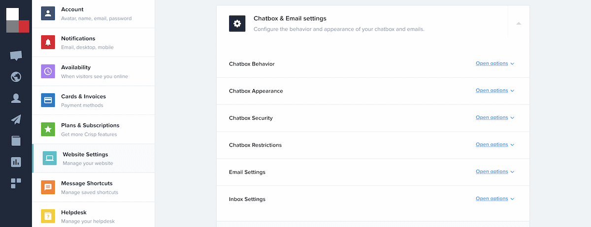 Crisp 中网站设置页面的聊天框和电子邮件设置。
