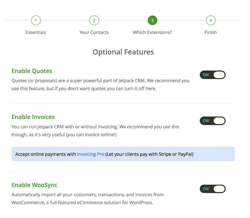 características opcionales en Jetpack CRM