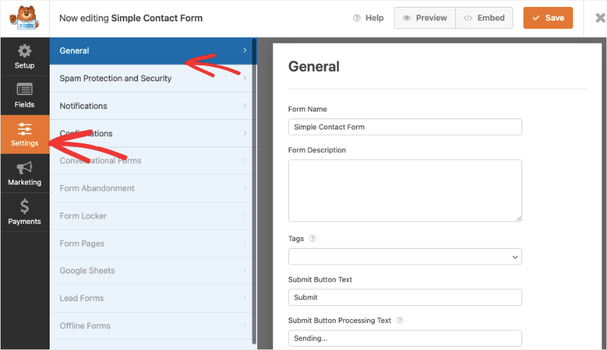 Pestaña de configuración general en WPForms