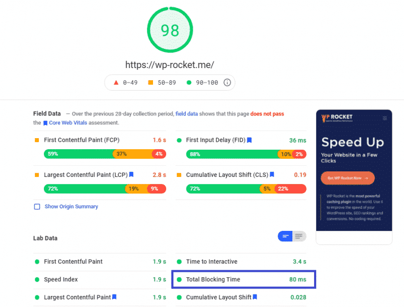 较旧的 PageSpeed Insights 测试结果页面。