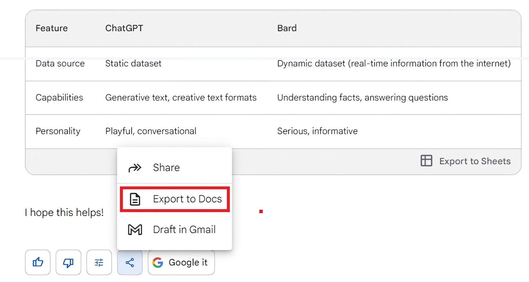 Bard AI Esporta le informazioni in Documenti