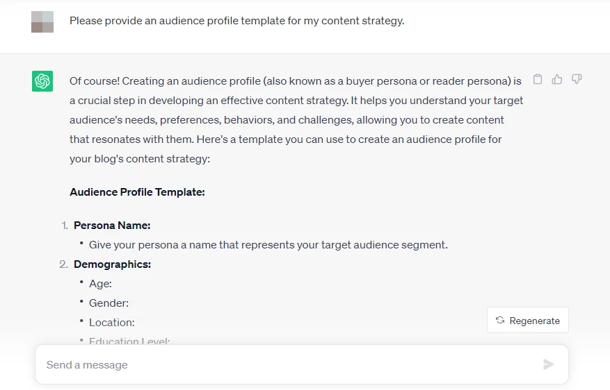 Pedir ao ChatGPT para gerar um modelo de público como parte de uma estratégia de conteúdo.