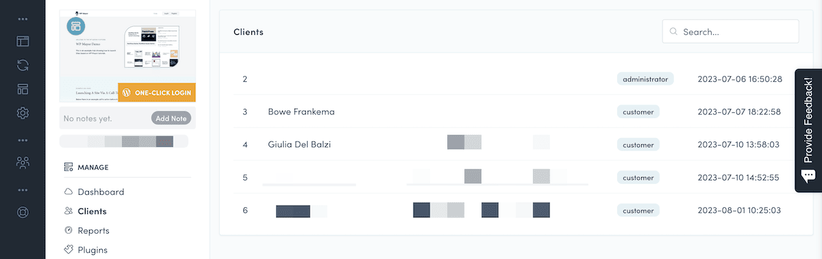 O portal de gerenciamento de clientes no painel Dollie.