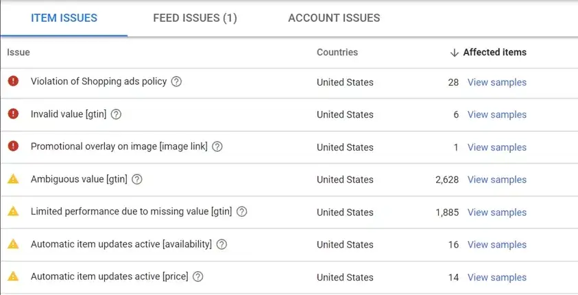 Google マーチャント センターの商品に関する問題