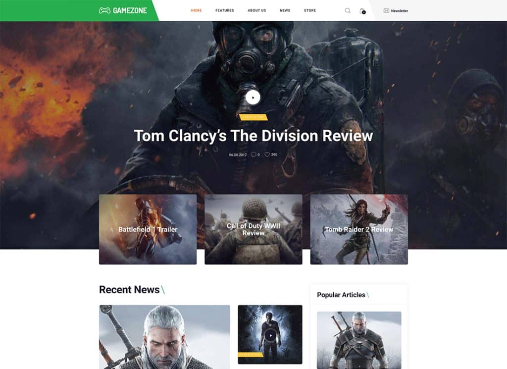 Gamezone - Tema de WordPress para blog de videojuegos y tienda de deportes electrónicos