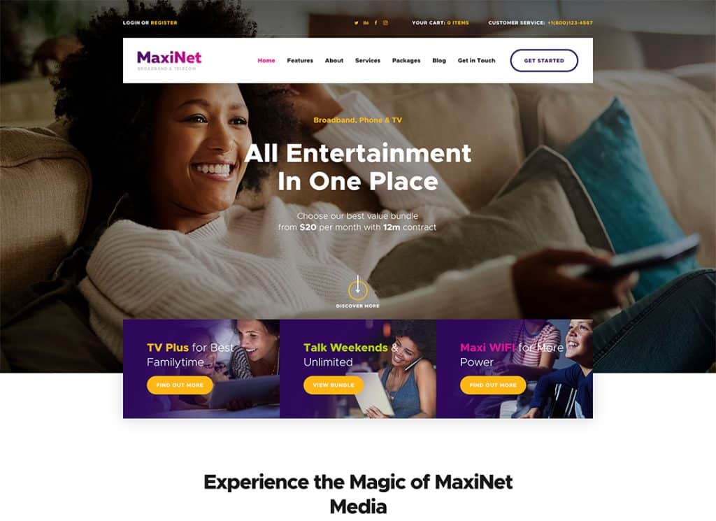 MaxiNet - سمة WordPress لموفر خدمات الإنترنت ذات النطاق العريض والاتصالات