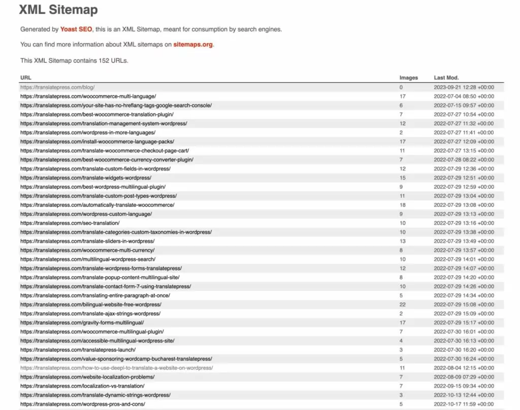 WordPress 站点地图插件中的 XML 站点地图示例