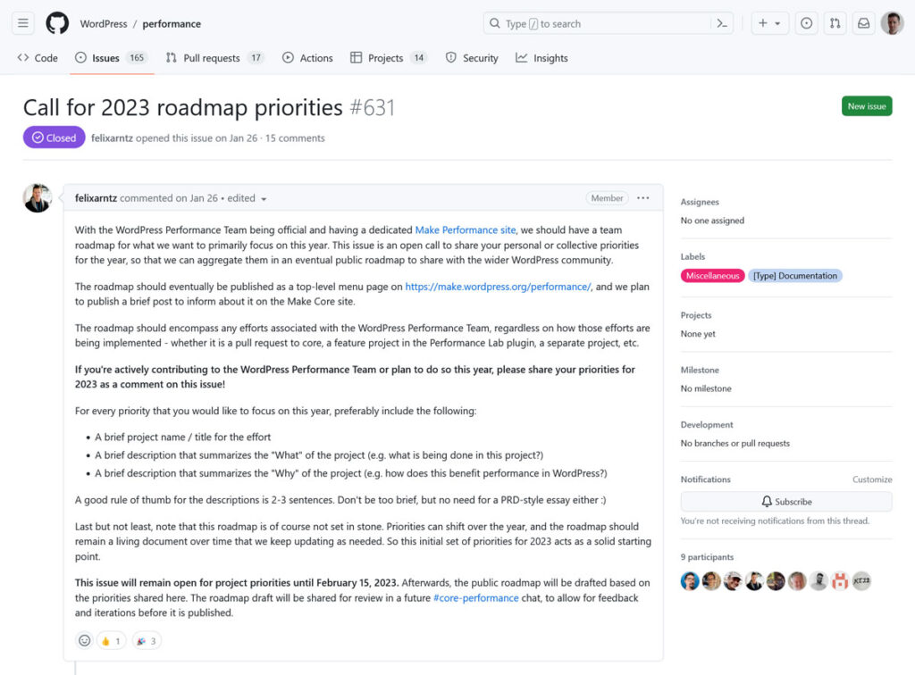 WordPress コア パフォーマンス チームが Github で優先順位を呼びかけています