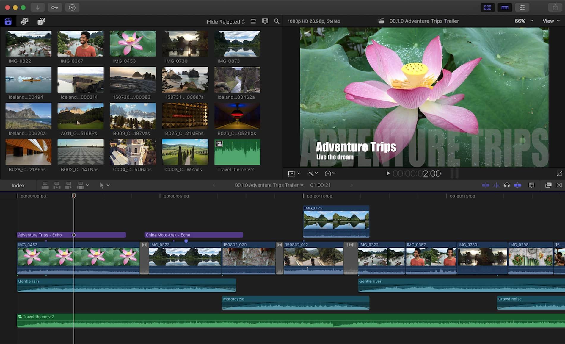 Final Cut Pro'nun Kullanıcı Arayüzünün ekran görüntüsü