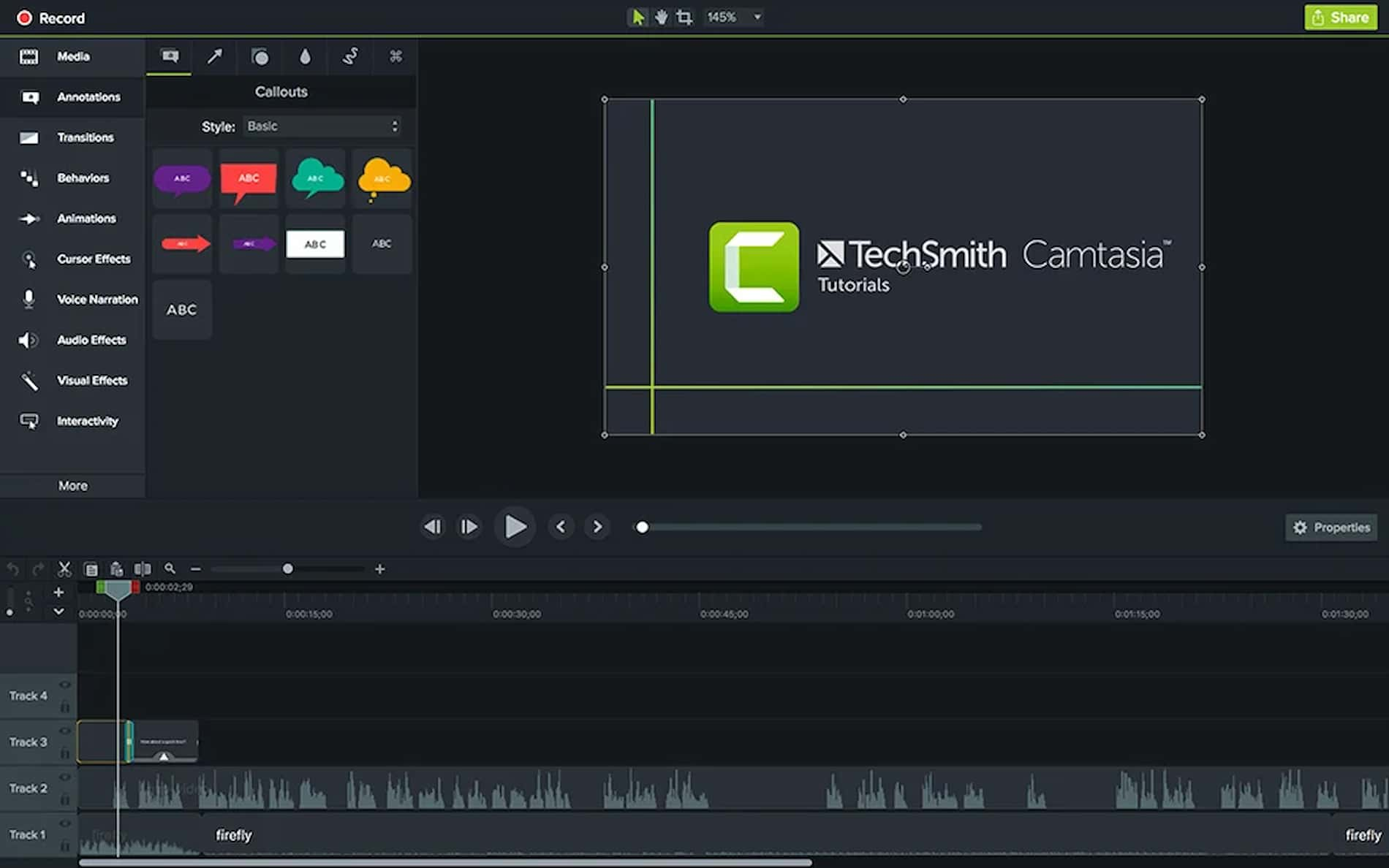 Camtasia Kullanıcı Arayüzünün ekran görüntüsü