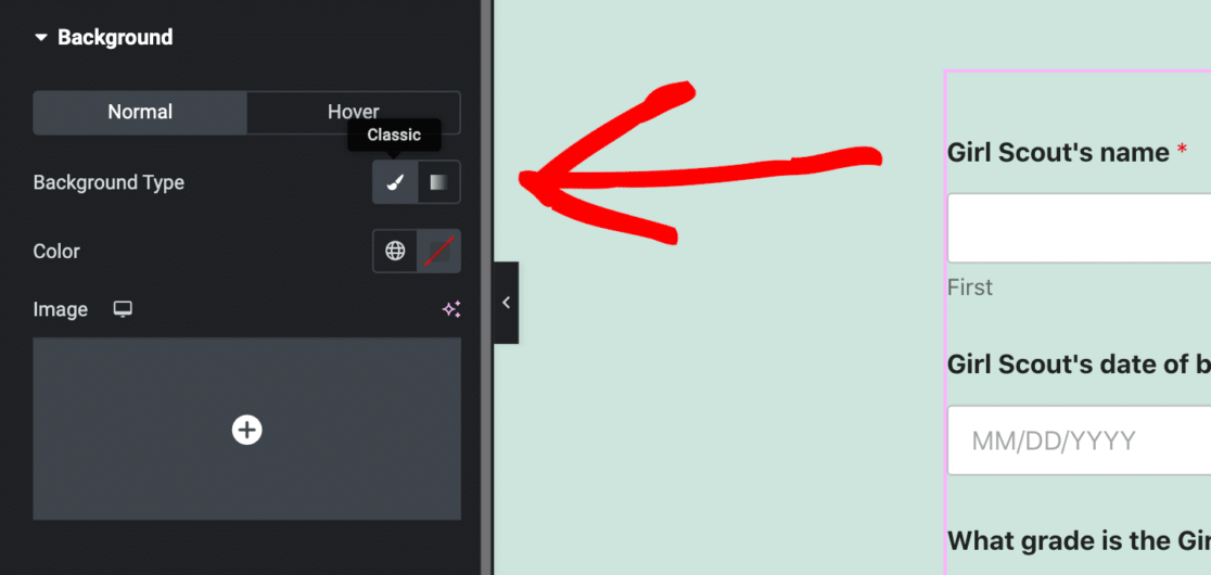Editing the background type in Elementor