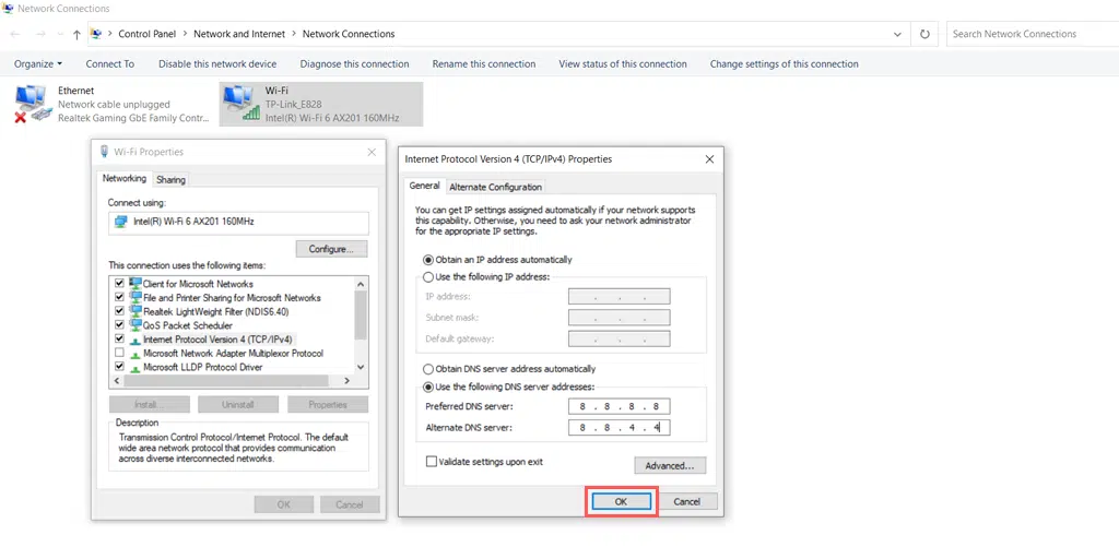 Changing DNS settings in Windows