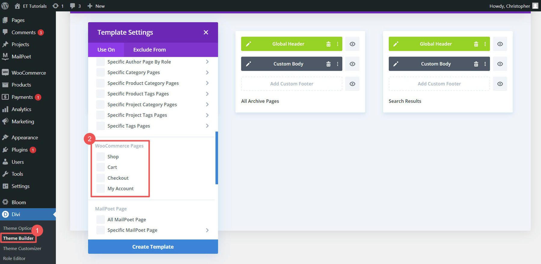Pages Woo Shop dans Theme Builder – Étapes 1-2