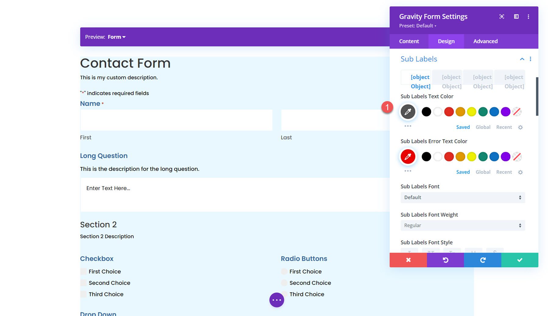 Gravity Forms Styler-Modul für Divi Sub Labels