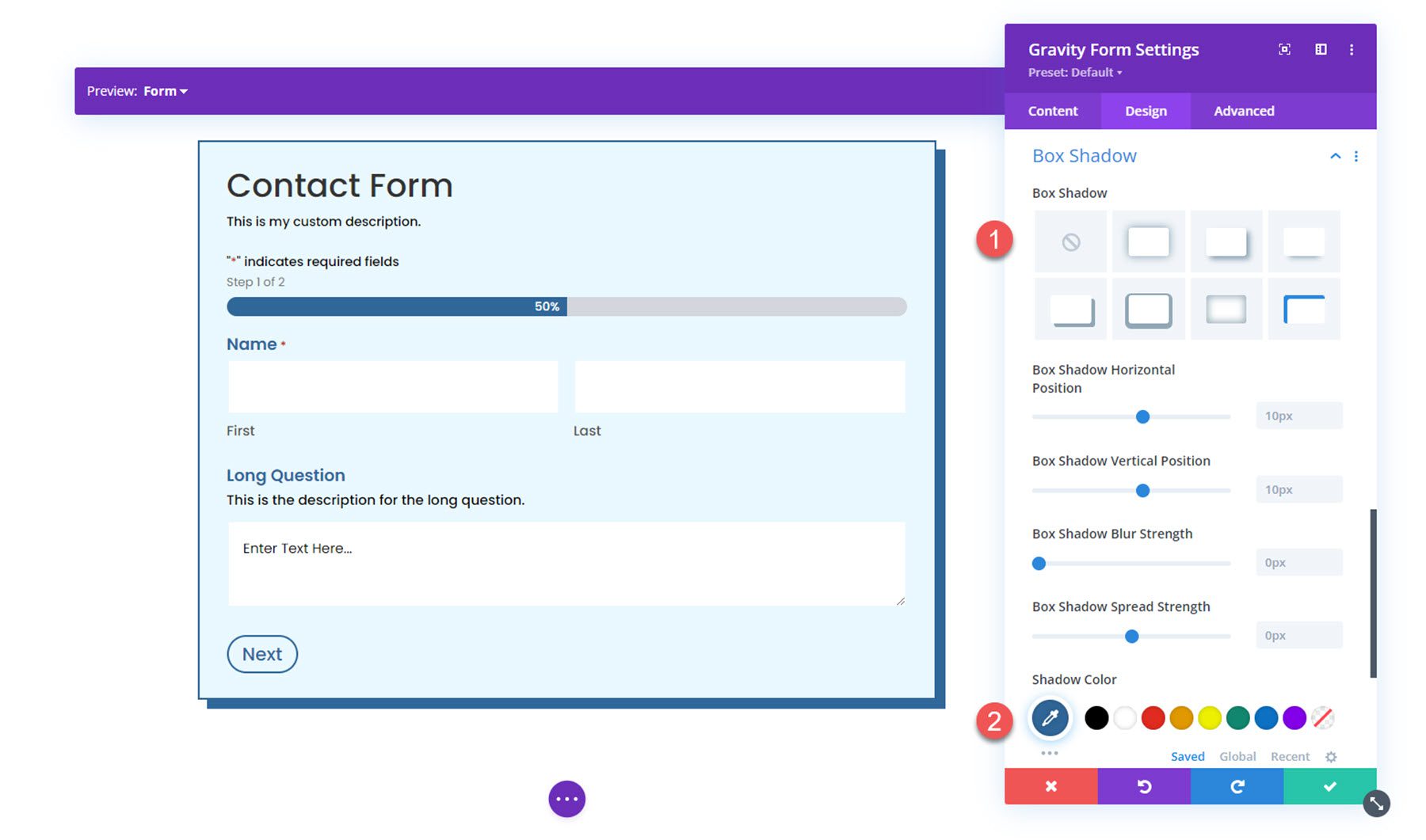 Gravity Forms Styler Module สำหรับ Divi Box Shadow