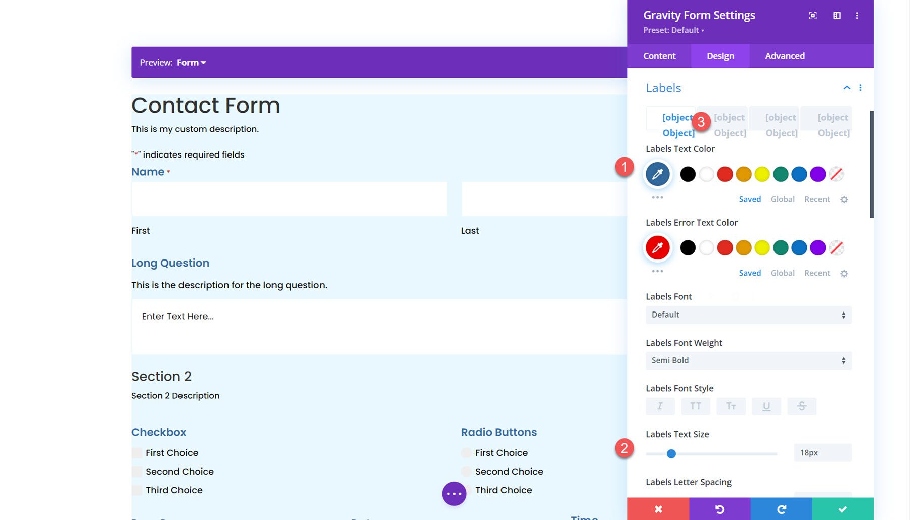 Gravity Forms Styler-Modul für Divi Labels