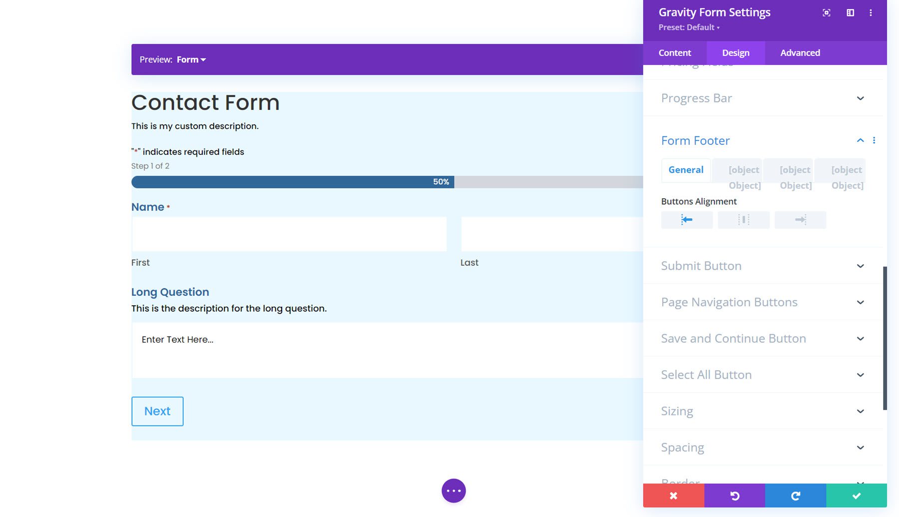 Gravity Forms Styler-Modul für Divi Form Footer