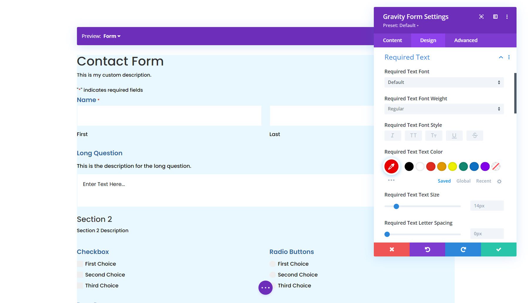 Gravity Forms Styler-Modul für Divi Erforderlicher Text