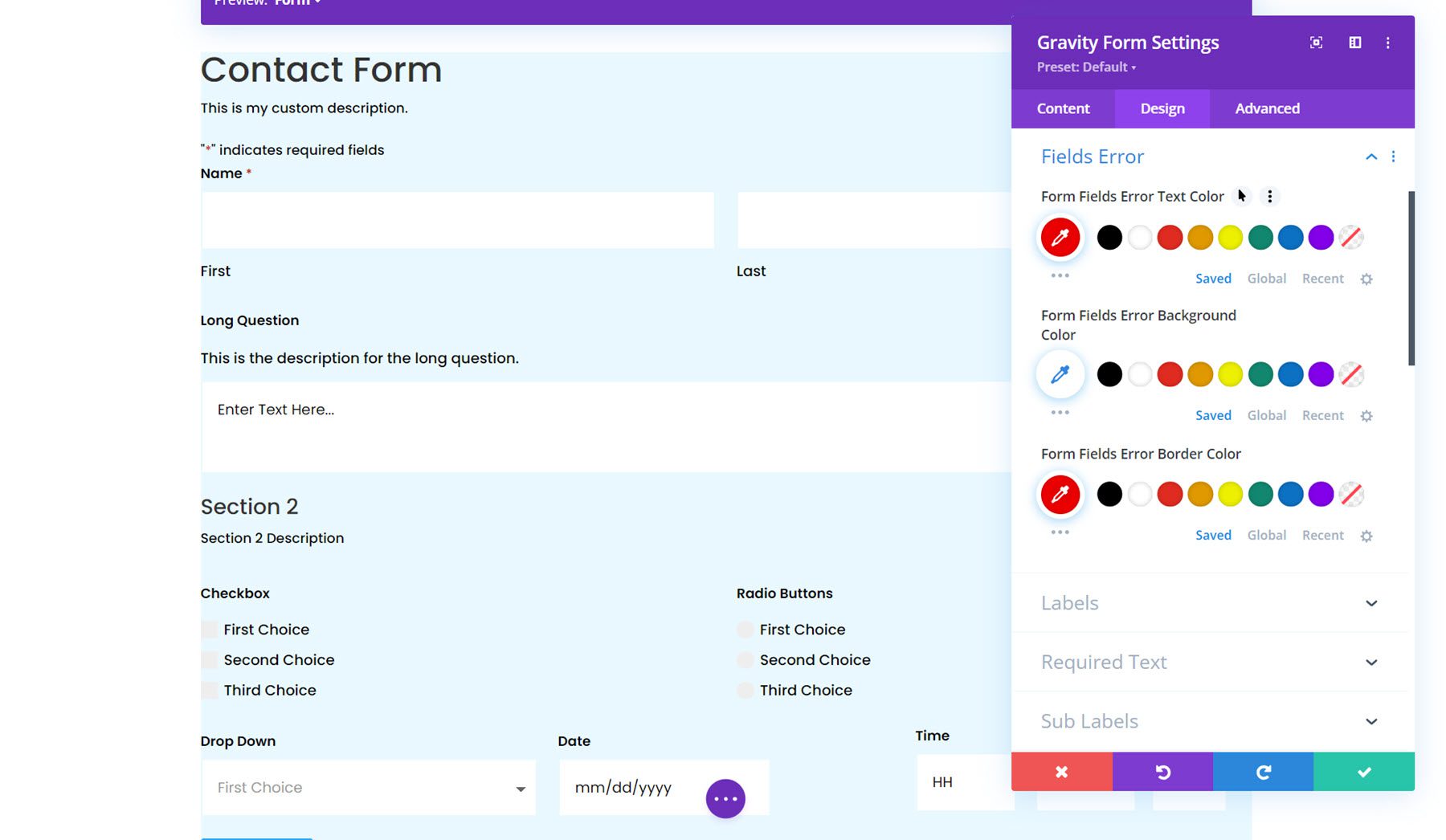 Gravity Forms Styler-Modul für Divi Fields-Fehler