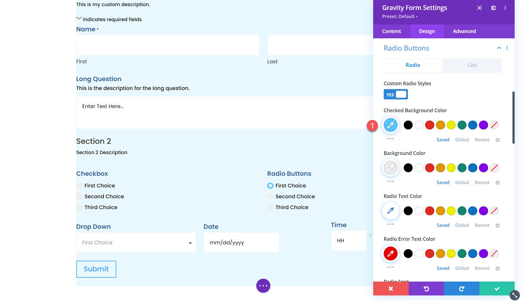 Gravity Forms Styler Module สำหรับปุ่มวิทยุ Divi