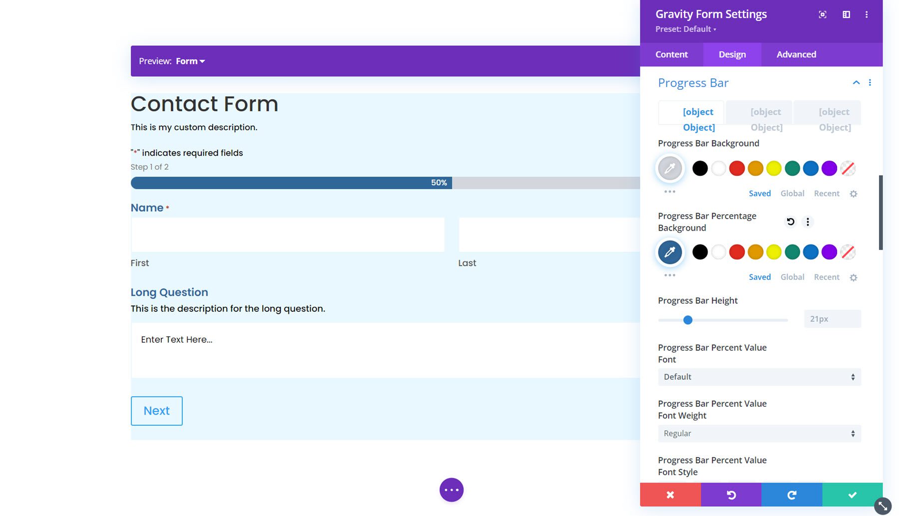 Módulo Styler Gravity Forms para Divi Progress Bar