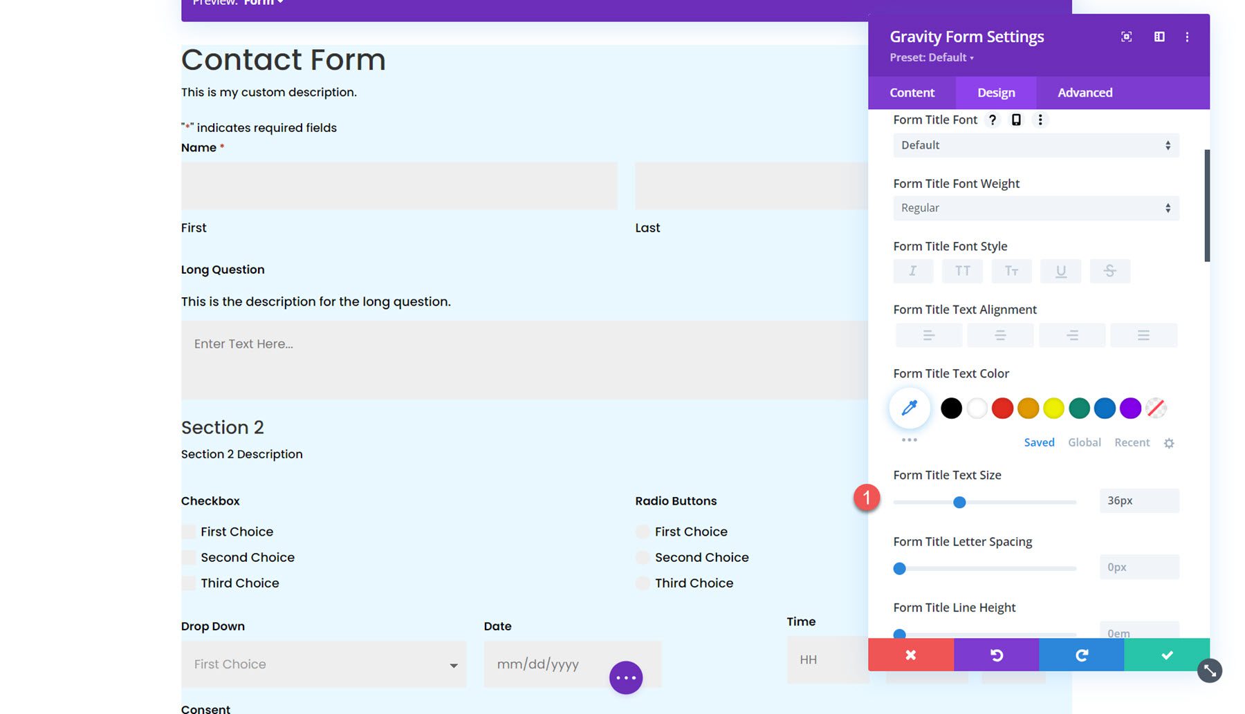 Divi 表單標題的 Gravity Forms Styler 模組