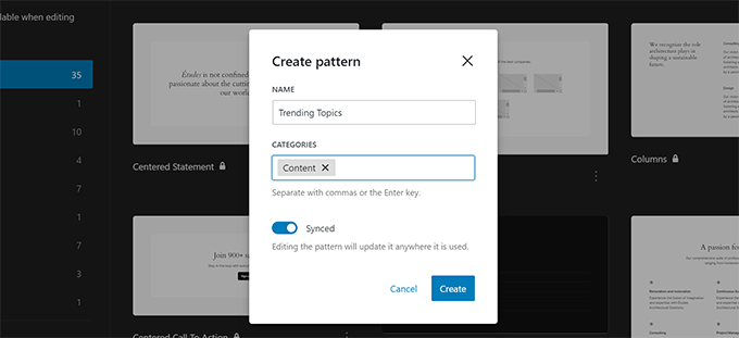 Creating new pattern in WordPress 6.4