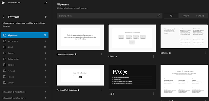 Patterns organized in categories