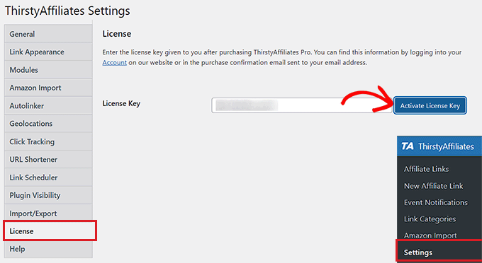 Add the ThirstyAffiliates license key