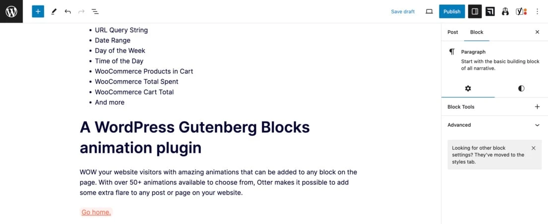 Gutenberg エディター内にダイナミック リンクが正常に挿入されました。