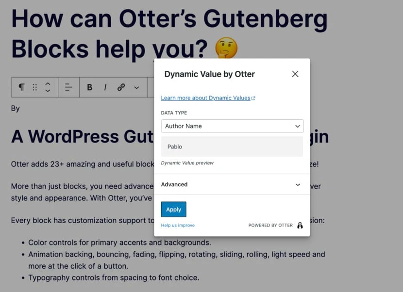 Gutenberg エディター内の著者名の動的値をカスタマイズします。