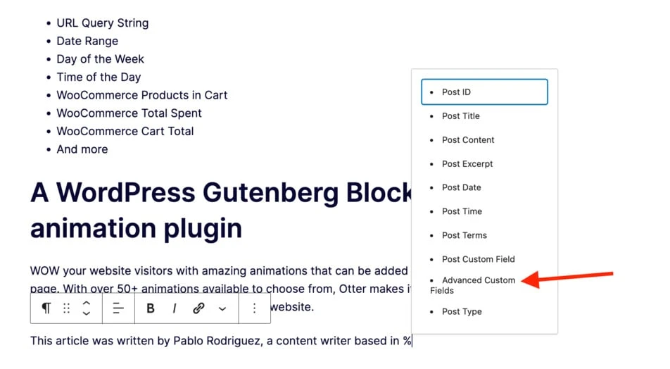ドロップダウン メニューから [高度なカスタム フィールド] オプションを選択して、Gutenberg 動的コンテンツをページに追加します。