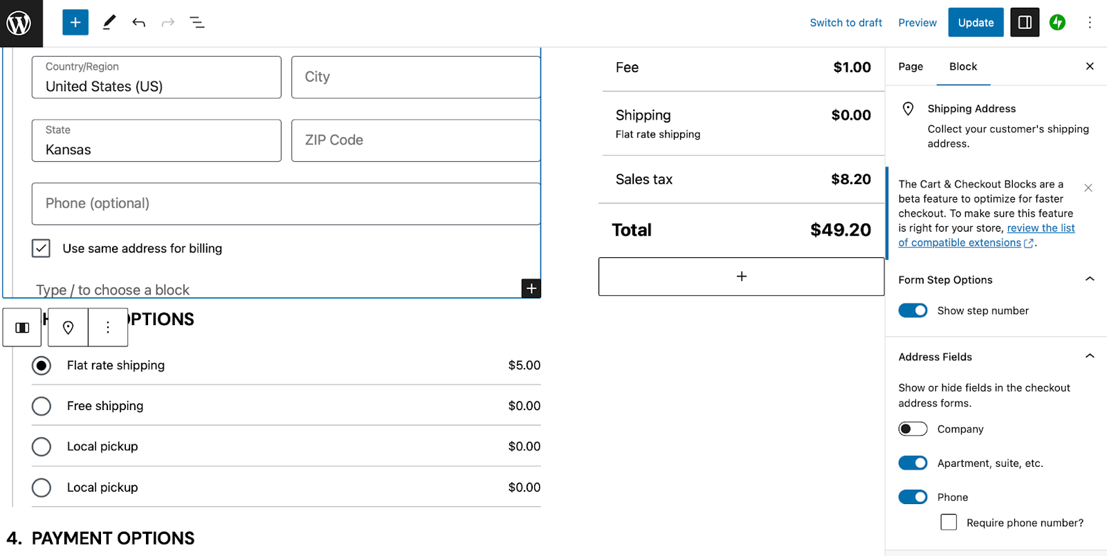 Anda dapat menampilkan/menyembunyikan nomor langkah checkout, menampilkan/menyembunyikan kolom tertentu, dan menjadikan kolom Telepon sebagai kolom wajib menggunakan pengaturan blok.