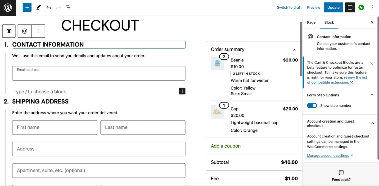 Procure o Bloco Checkout e adicione-o à sua página.