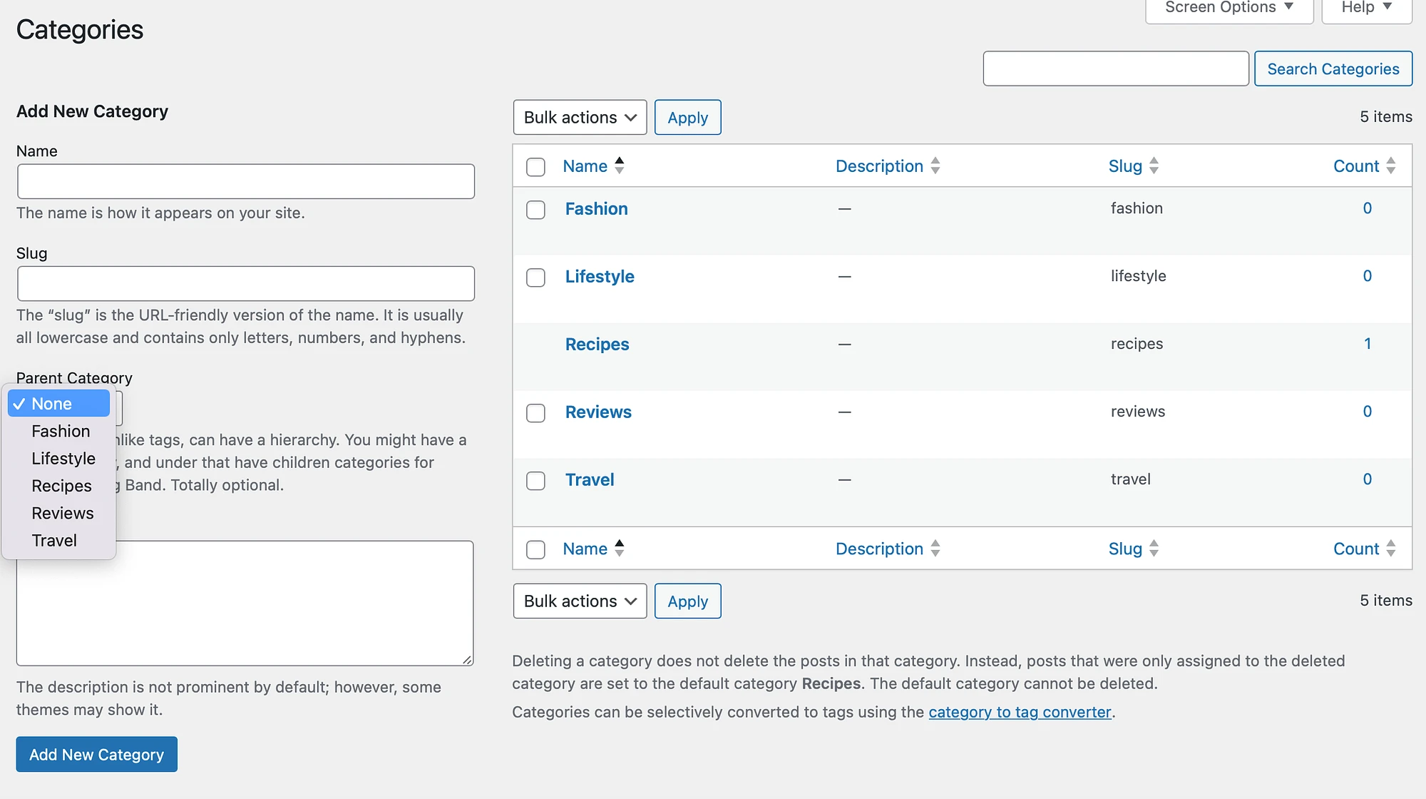 Como criar subcategorias no WordPress através do painel.